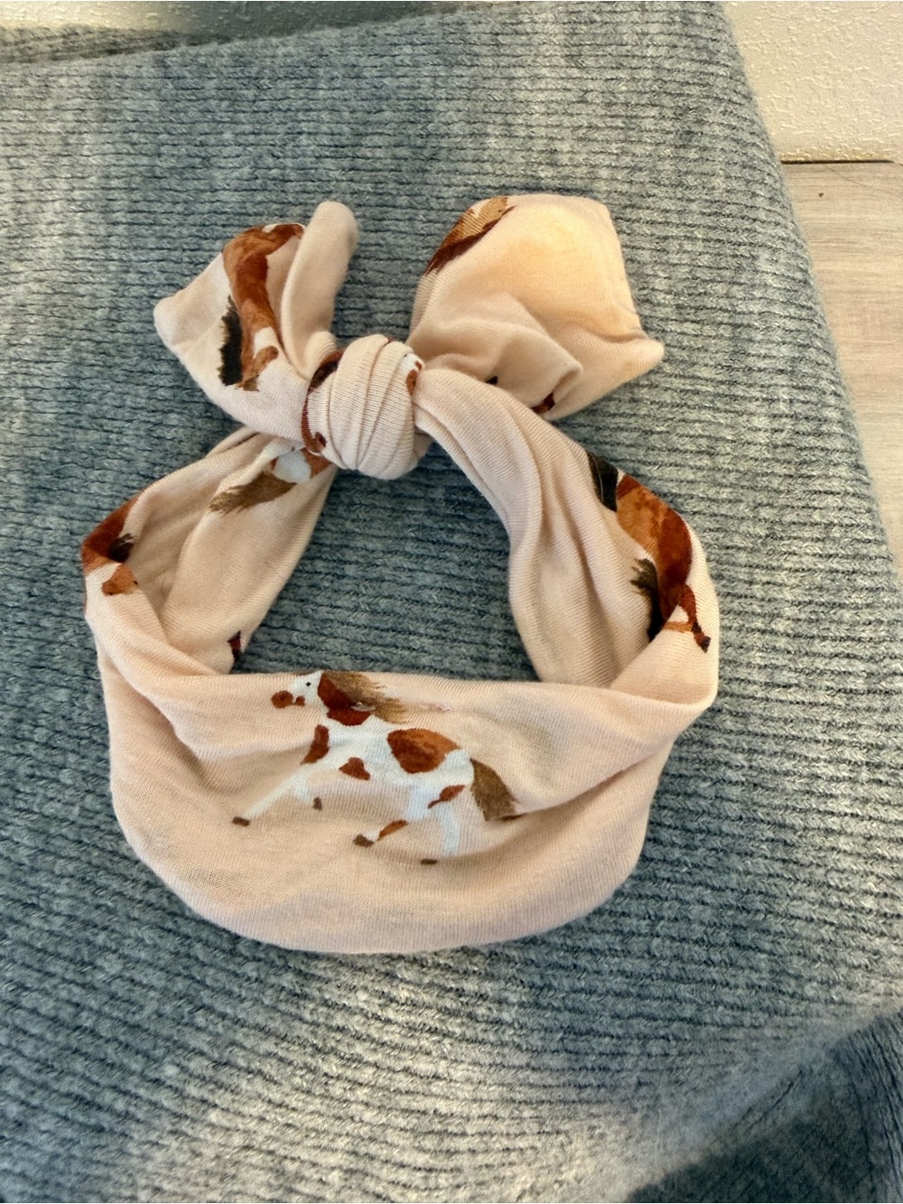 Angel Dear Beige Knot Headband with Brown Cow Print